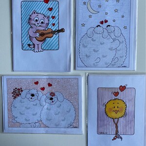 1985 CARTES DE LA SAINT-VALENTIN vintage 80s cartes de notes à collectionner Cat Dog Boule jaune moelleuse Répandre l’amour Mon amour... Ancien stock neuf