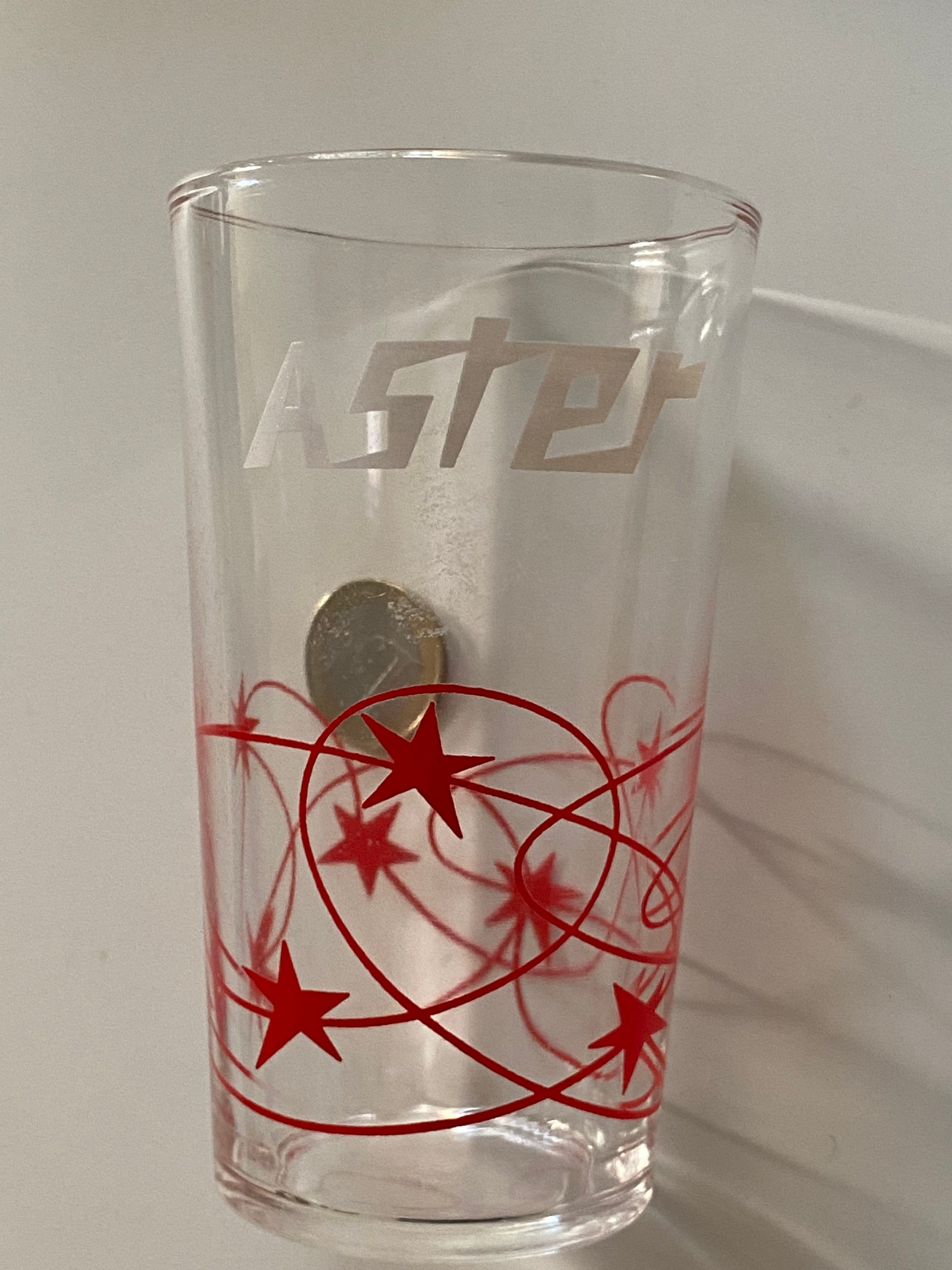 LEMONADE DRINKING GLASS 60s Aster from Belgium Europe Brewery Sterkens Meer Stars Galaxy Universe Vintage Rare High collector appeal