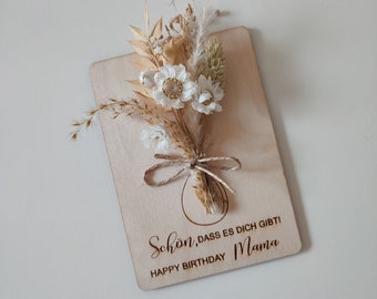 Geburtstagskarte aus Holz - Holzkarte mit Trockenblumen - Schön dass es dich gibt - Happy birthday