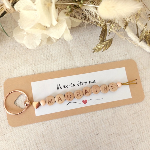 Personalized announcement/request keychain — Godfather, Godmother, Grandma, Grandpa, Uncle, Aunt, Witness, wooden beads