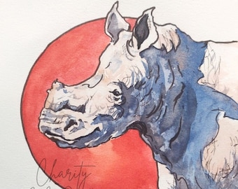 Rhino original watercolor painting, Hand-painted rhino art