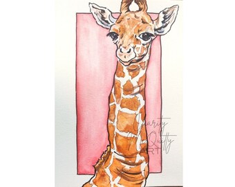 Giraffe Original Watercolor Painting, Hand-painted Wall Art, Baby Giraffe Nursery Art, Pastel Giraffe Art