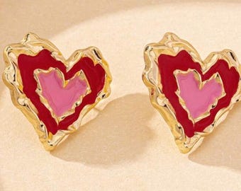 Red & Pink Enamel Heart Stud Earrings, Gold Tone Trim