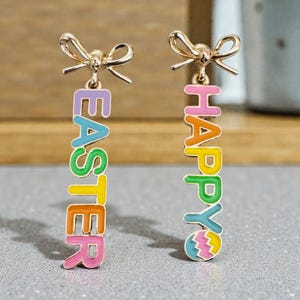 Pastel Enamel Easter Earrings, Gold Bow Dangle