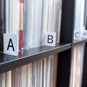 May include: A black bookshelf with vinyl records in protective sleeves. White dividers with black letters A, B, and C# are used to organize the records. The shelf is made of dark wood.