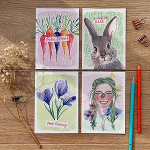 Cartoline "Primavera", singole o set da 4, DIN A6, regalo di Pasqua, biglietto di auguri, regalo, cartolina illustrata, illustrazione ad acquerello