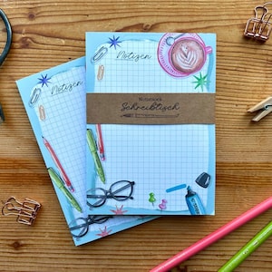 Notizblock „Schreibtisch“, DIN A6, 50 Blatt, kariert, To Do Liste, Geschenk, Schulkind, Büro, illustrierter Notizblock, Aquarellillustration
