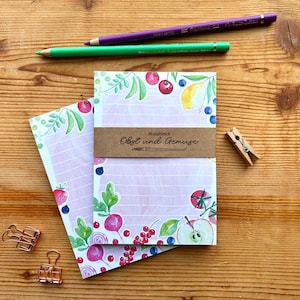 Notizblock „Obst&Gemüse“, DIN A6, 50 Blatt, liniert, To Do Liste, Geschenk, Einkaufsliste, illustrierter Notizblock, Aquarellillustration