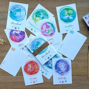 Ansichtkaart "Constellations", enkel of set van 12, DIN A6, verjaardagscadeau, sterrenbeelden, sterrenbeelden, wenskaart, aquarelillustratie