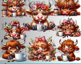 May include: Digital clipart of ten Highland cows with floral accents. Each cow is holding a cup of coffee or tea. The cows are in various poses, some sitting, some standing, and some lying down. The background is a light gray.