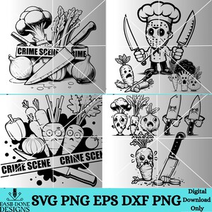 Pu&ograve; includere: Arte digitale in bianco e nero con verdure e coltelli con facce da cartone animato. Un'immagine mostra uno chef con una maschera da hockey che tiene in mano dei coltelli. Altre immagini mostrano verdure con nastro della scena del crimine e coltelli.