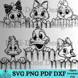 May include: Black and white cartoon illustrations of ducks and chicks peeking over a wooden fence. Some characters have bows. The image includes the text "SVG PNG PDF DXF Digital Download Only".