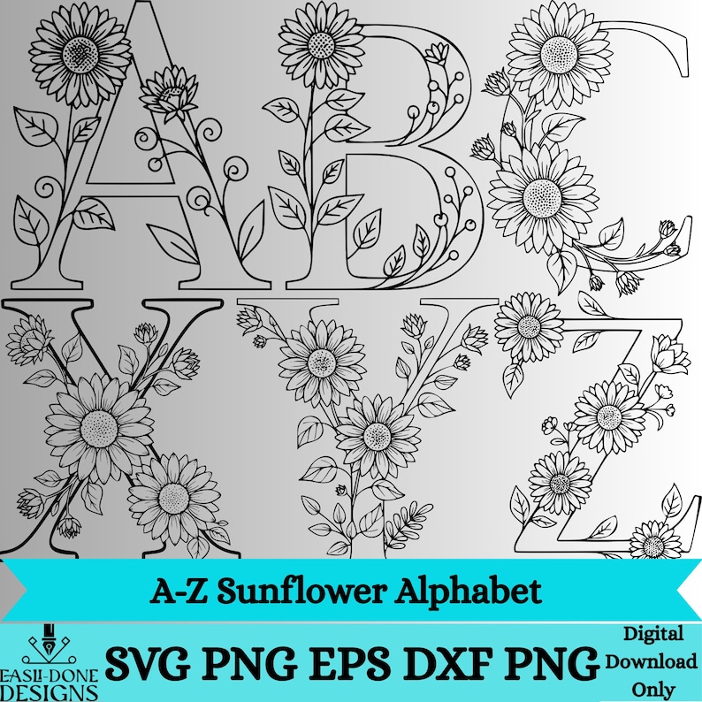 Sunflower Alphabet SVG Bundle | Floral Letter Outline SVG | A–Z ...