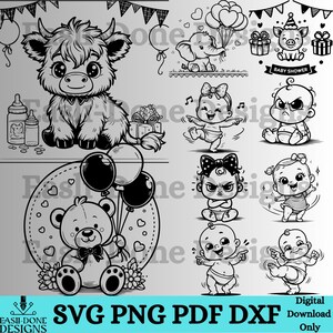 May include: Black and white digital illustrations featuring a Highland cow, an elephant with balloons, a pig with gifts, and several babies. A teddy bear holds balloons. Text includes "Baby Shower" and "SVG PNG PDF DXF Digital Download Only."