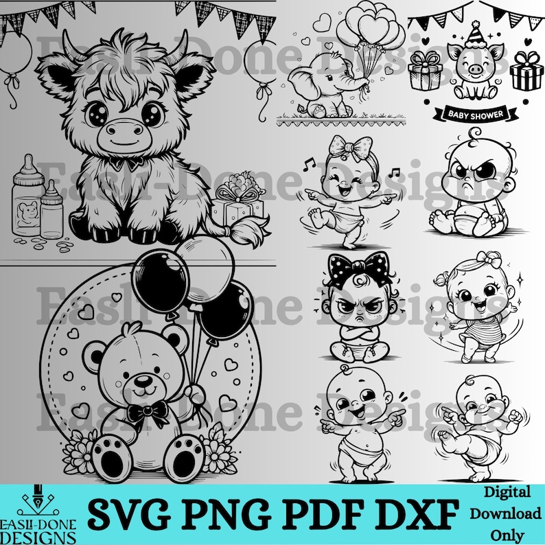 May include: Black and white digital illustrations featuring a Highland cow, an elephant with balloons, a pig with gifts, and several babies. A teddy bear holds balloons. Text includes "Baby Shower" and "SVG PNG PDF DXF Digital Download Only."