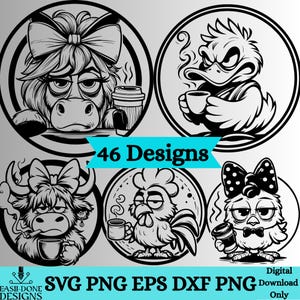 Könnte beinhalten: Schwarz-Weiß-Digitaldesigns mit Cartoon-Tieren mit Kaffeetassen. Das Bild zeigt eine Kuh, eine Ente, einen Bullen, einen Hahn und einen Vogel, jeweils mit einem einzigartigen Ausdruck. Der Text lautet "46 Designs" und "SVG PNG EPS DXF PNG Digital Download Only."