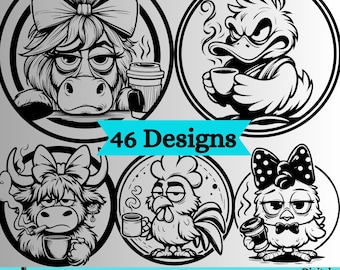 Funny Coffee Farm Animal Coaster SVG Bundle: Round Barnyard Coffee Sign (Digital Download)