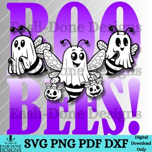 May include: A digital download of a black and white illustration of three bees dressed as ghosts holding jack-o-lantern pumpkins. The text "Boo Bees!" is in a purple gradient.