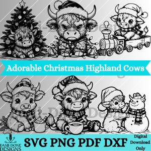 Highland Kuh Weihnachten Umriss Bundle SVG PNG pdf und dxf Dateien Laser und geschnitten digitaler Download Vektor-Cliparts Sublimation Baby Highland Kuh