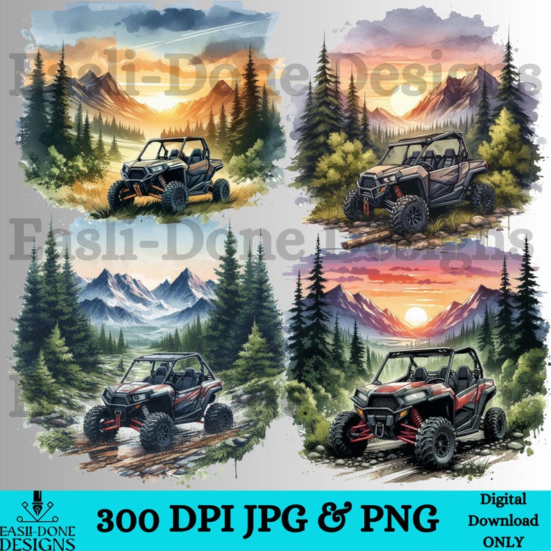 May include: Four watercolor illustrations of all-terrain vehicles (ATVs) in a mountain landscape at sunset. The ATVs are black, brown, and red. The text "300 DPI JPG & PNG" and "Digital Download ONLY" is at the bottom.