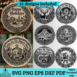 May include: A collection of 32 circular Christmas-themed digital designs featuring intricate black line art illustrations of holiday scenes, including a nativity, Santa Claus, and winter landscapes, with text like Happy Holidays and Joy to the World.