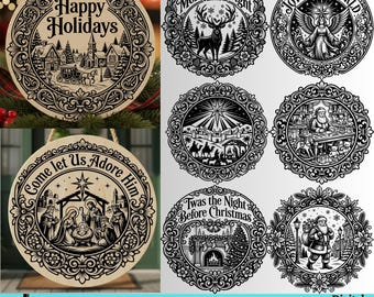 Vintage Christmas SVG, Christmas Ornament SVG, Nativity SVG, Santa Cutting board svg, Winter Village Cut Files, Round Christmas Coaster svg