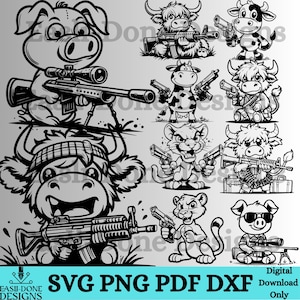 May include: A set of ten digital download files featuring black and white illustrations of various animals holding guns. The animals include a pig, a cow, a bull, a lion, a dog, and a cat. The illustrations are in a cartoon style and are perfect for use in crafting projects, scrapbooking, or digital design.