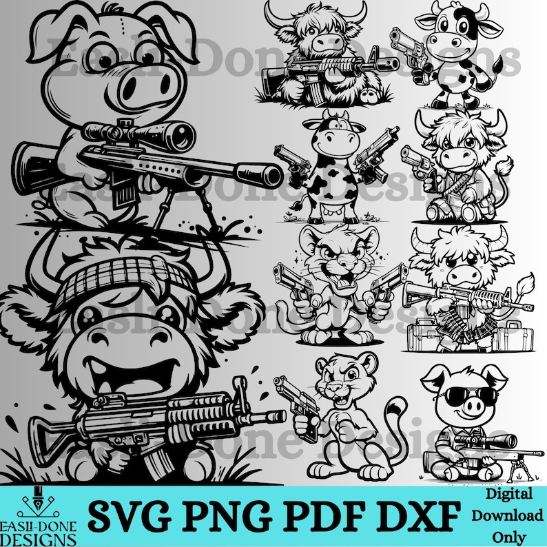 May include: A set of ten digital download files featuring black and white illustrations of various animals holding guns. The animals include a pig, a cow, a bull, a lion, a dog, and a cat. The illustrations are in a cartoon style and are perfect for use in crafting projects, scrapbooking, or digital design.
