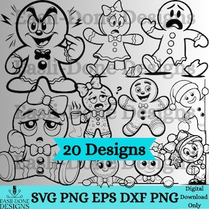 Op de afbeelding: Zwart-wit digitaal ontwerp met 20 peperkoekenmannetjes met verschillende uitdrukkingen. De afbeelding bevat de tekst "20 Designs" en bestandstype-opties: SVG, PNG, EPS en DXF.