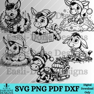 Donkey Christmas Outline Bundle SVG PNG pdf and dxf Files laser and cut digital download Vector clipart sublimation Baby Donkey jack ass svg