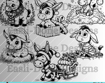May include: Five black and white digital illustrations of cute donkeys wearing Santa hats and holding gifts. The donkeys are in various poses, including sitting, standing, and pulling a sleigh. The illustrations are perfect for Christmas crafts, scrapbooking, and other creative projects.