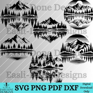 Mountain silhouette SVG PNG pdf and dxf Files Tree Forest Reflection Silhouette Bundle Instant Download clipart laser sublimation cutter svg