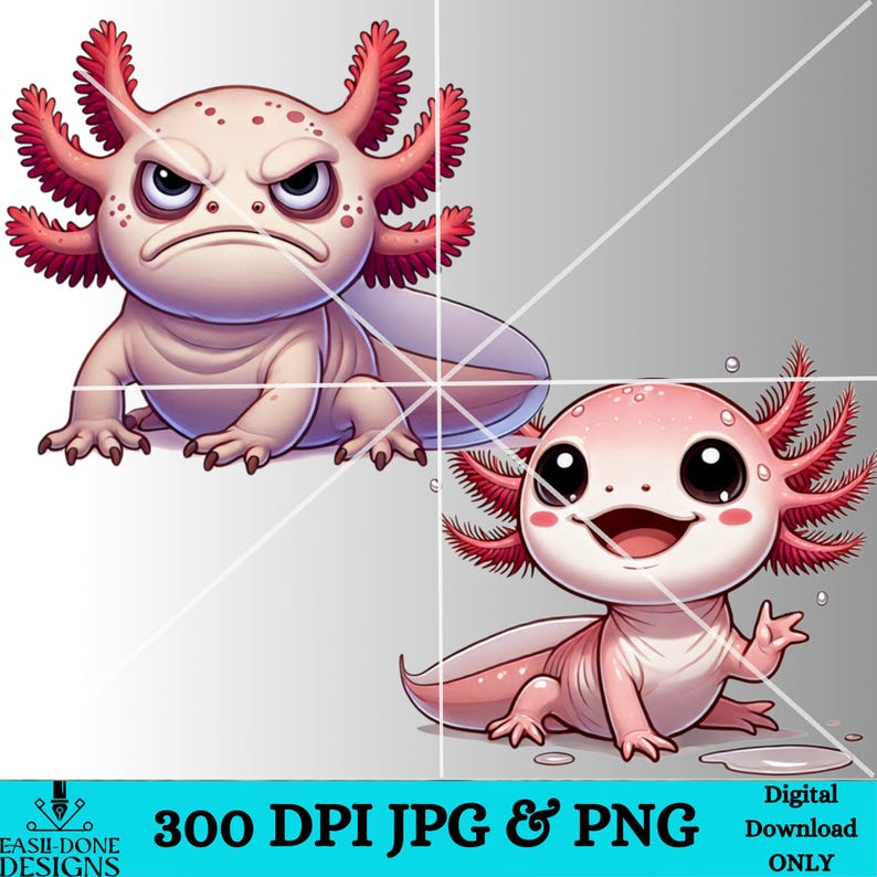 May include: Two digital illustrations of axolotls. One axolotl is pink with a happy expression and the other is white with a grumpy expression. Both axolotls have red feathery gills.