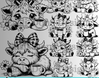 highland cow svg bundle, Coffee Highland Cow SVG Bundle, Funny Sleepy Farm Animal Designs (Digital Download)
