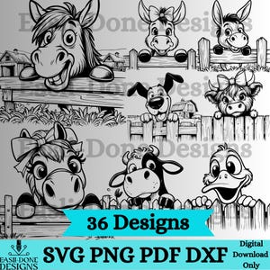 Może przedstawiać: Czarno-białe ilustracje kreskówkowe zwierząt gospodarskich, w tym konia, osła, psa, krowy i kaczki, wyglądających znad drewnianego płotu. Obraz zawiera tekst "36 Designs" oraz opcje typów plików: SVG, PNG, PDF i DXF.