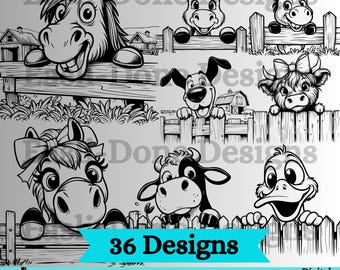 Fence Peeking Farm Animal SVG Bundle, Barnyard animal clipart, cutter and laser file Funny Animal svg png pdf and dxf Files Instant Download