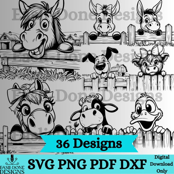 Fence Peeking Farm Animal SVG Bundle, Barnyard animal clipart, cutter and laser file Funny Animal svg png pdf and dxf Files Instant Download