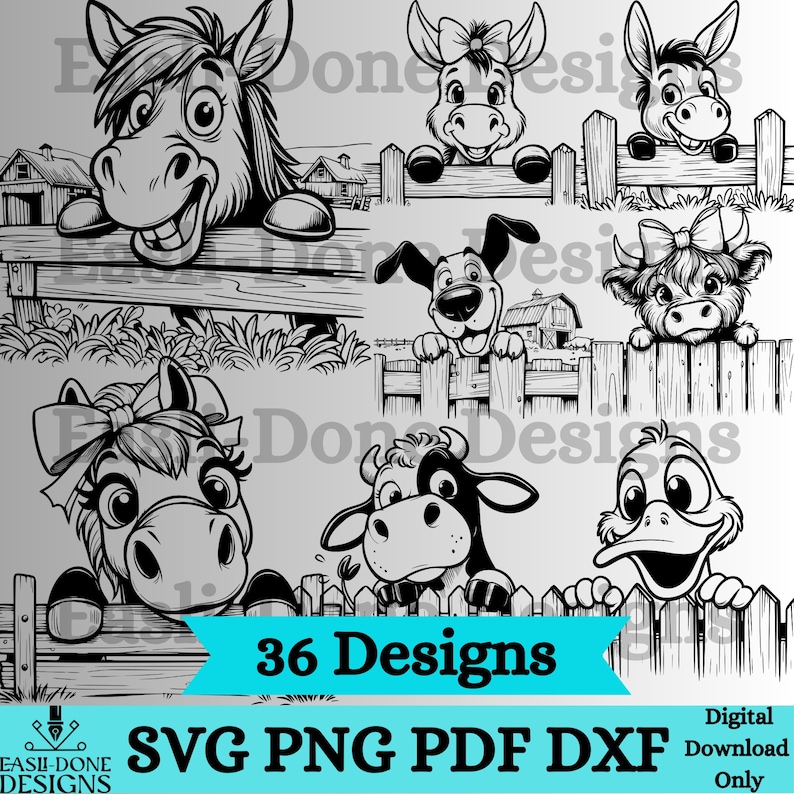 May include: Black and white cartoon illustrations of farm animals, including a horse, donkey, dog, cow, and duck, peeking over a wooden fence. The image includes the text "36 Designs" and file type options: SVG, PNG, PDF, and DXF.