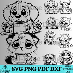 May include: Monochrome digital illustration of a dog and a cat, each with a coffee mug. The image also includes other animal drawings, including a cow, a horse, and a sloth, all holding coffee cups. The bottom of the image has the text "SVG PNG PDF DXF".