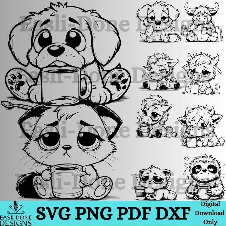 May include: Monochrome digital illustration of a dog and a cat, each with a coffee mug. The image also includes other animal drawings, including a cow, a horse, and a sloth, all holding coffee cups. The bottom of the image has the text "SVG PNG PDF DXF".