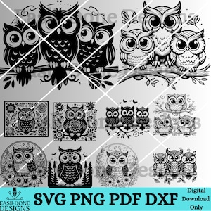 K&ouml;nnte beinhalten: Ein Set mit 10 schwarzen und wei&szlig;en Eulen-SVG-Schneidedateien. Die Eulen sind in verschiedenen Posen, einige mit Blumen und einige auf &Auml;sten. Die Dateien sind perfekt f&uuml;r Bastelprojekte, wie z. B. das Herstellen von T-Shirts, Tassen und Wohnaccessoires.