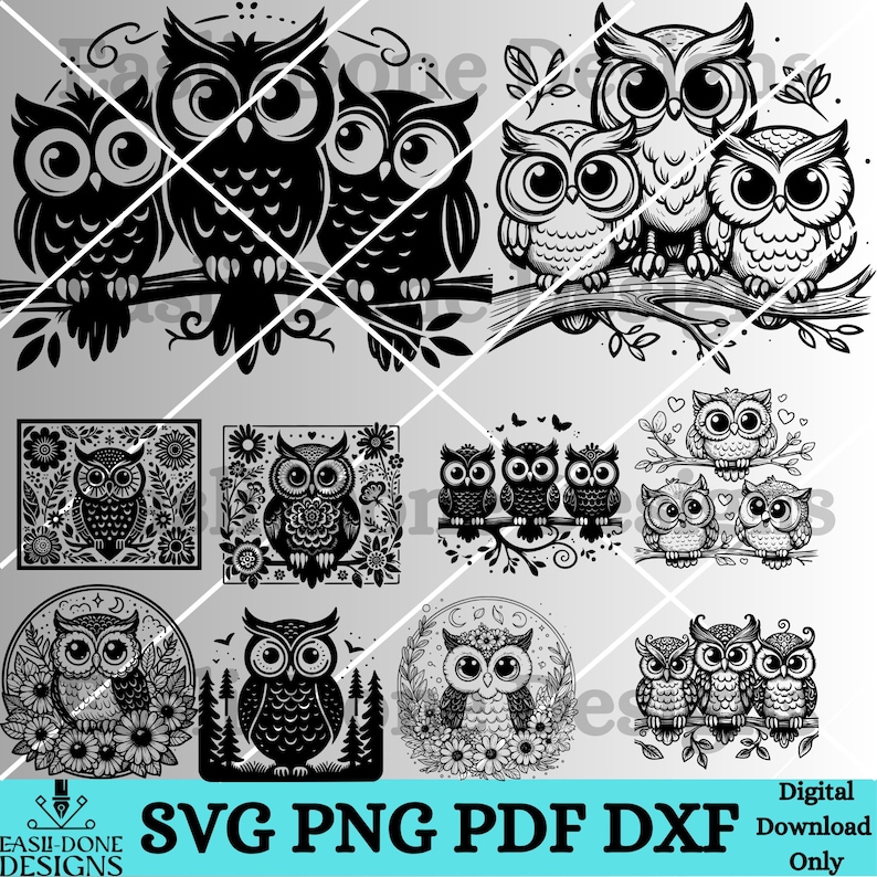 K&ouml;nnte beinhalten: Ein Set mit 10 schwarzen und wei&szlig;en Eulen-SVG-Schneidedateien. Die Eulen sind in verschiedenen Posen, einige mit Blumen und einige auf &Auml;sten. Die Dateien sind perfekt f&uuml;r Bastelprojekte, wie z. B. das Herstellen von T-Shirts, Tassen und Wohnaccessoires.