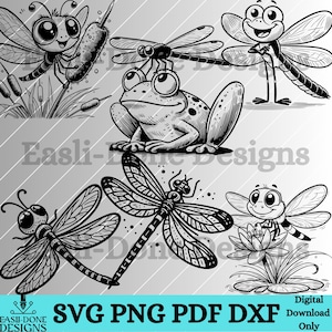 Dragonfly Outline Bundle SVG PNG pdf and dxf Files laser and cut digital download Vector clipart sublimation Kawaii Dragonfly clipart bundle
