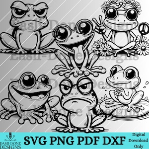 Frog Outline Bundle svg png pdf and dxf Files Instant Download, cute kawaii Toad clipart, cutter and laser cut files, Frog decal design