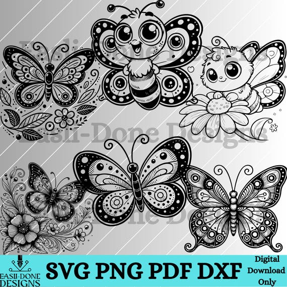 Butterfly Outline Bundle SVG PNG pdf and dxf Files laser and cut digital download Vector clipart sublimation butterflies clipart svg bundle