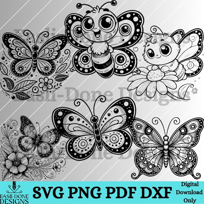 May include: A set of four black and white butterfly illustrations with intricate details. The butterflies are surrounded by floral designs and leaves.