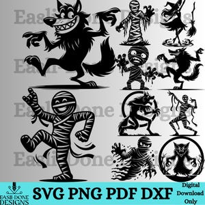Puede incluir: Dise&ntilde;os digitales en blanco y negro con tem&aacute;tica de Halloween que presentan un hombre lobo, una momia y una bruja. Los dise&ntilde;os est&aacute;n en formatos SVG, PNG, PDF y DXF. Tambi&eacute;n se incluye el texto "Solo descarga digital".