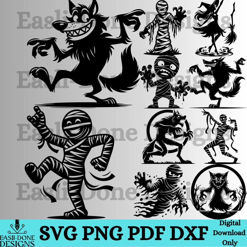 Puede incluir: Dise&ntilde;os digitales en blanco y negro con tem&aacute;tica de Halloween que presentan un hombre lobo, una momia y una bruja. Los dise&ntilde;os est&aacute;n en formatos SVG, PNG, PDF y DXF. Tambi&eacute;n se incluye el texto "Solo descarga digital".
