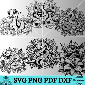Puede incluir: Cuatro imágenes digitales en blanco y negro de serpientes con diseños florales. La primera imagen muestra una serpiente con un corazón sobre su cabeza. La segunda imagen muestra una serpiente enroscada en una flor. La tercera imagen muestra una serpiente enroscada en una rosa. La cuarta imagen muestra una serpiente enroscada en un lirio.