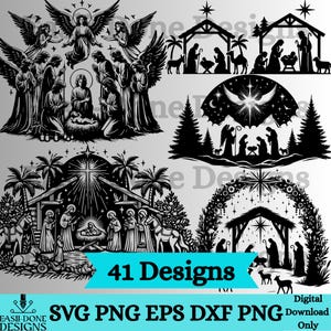 May include: A collection of 41 black and white digital designs featuring Nativity scenes, angels, and stars. The designs include silhouettes of the Holy Family, angels, and the stable. The image includes the text "41 Designs" and file type options.